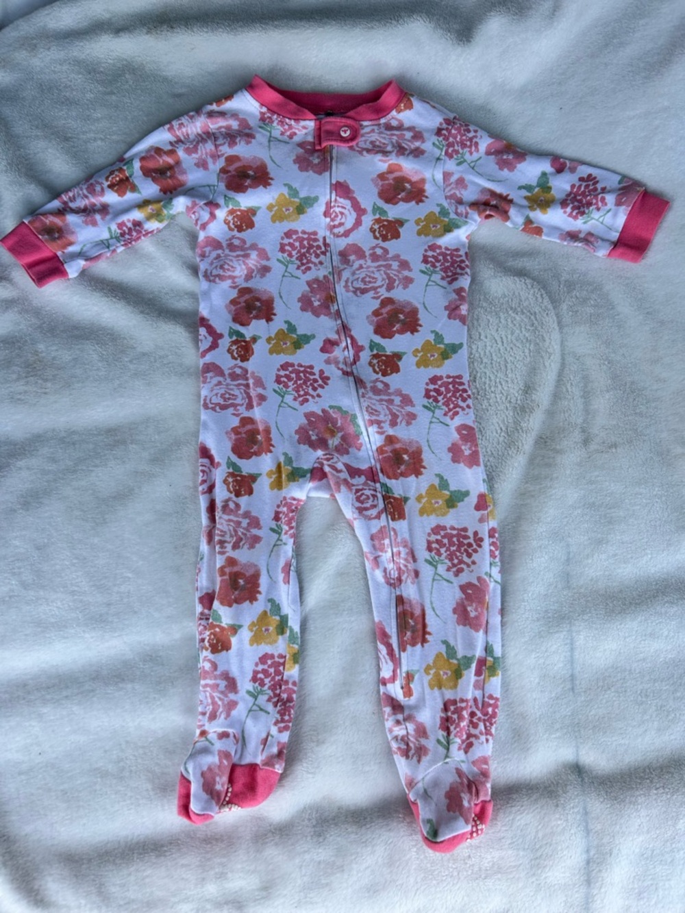 Burt's Bees Baby White Floral Footed One-Piece with Pink Trim